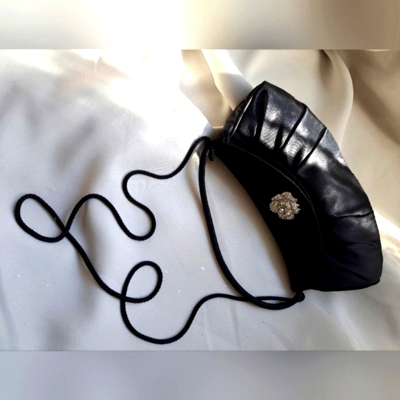 Valerie Stevens Black Satin Clutch Handbag. Rhinestone Broach accent on front. - Picture 1 of 6